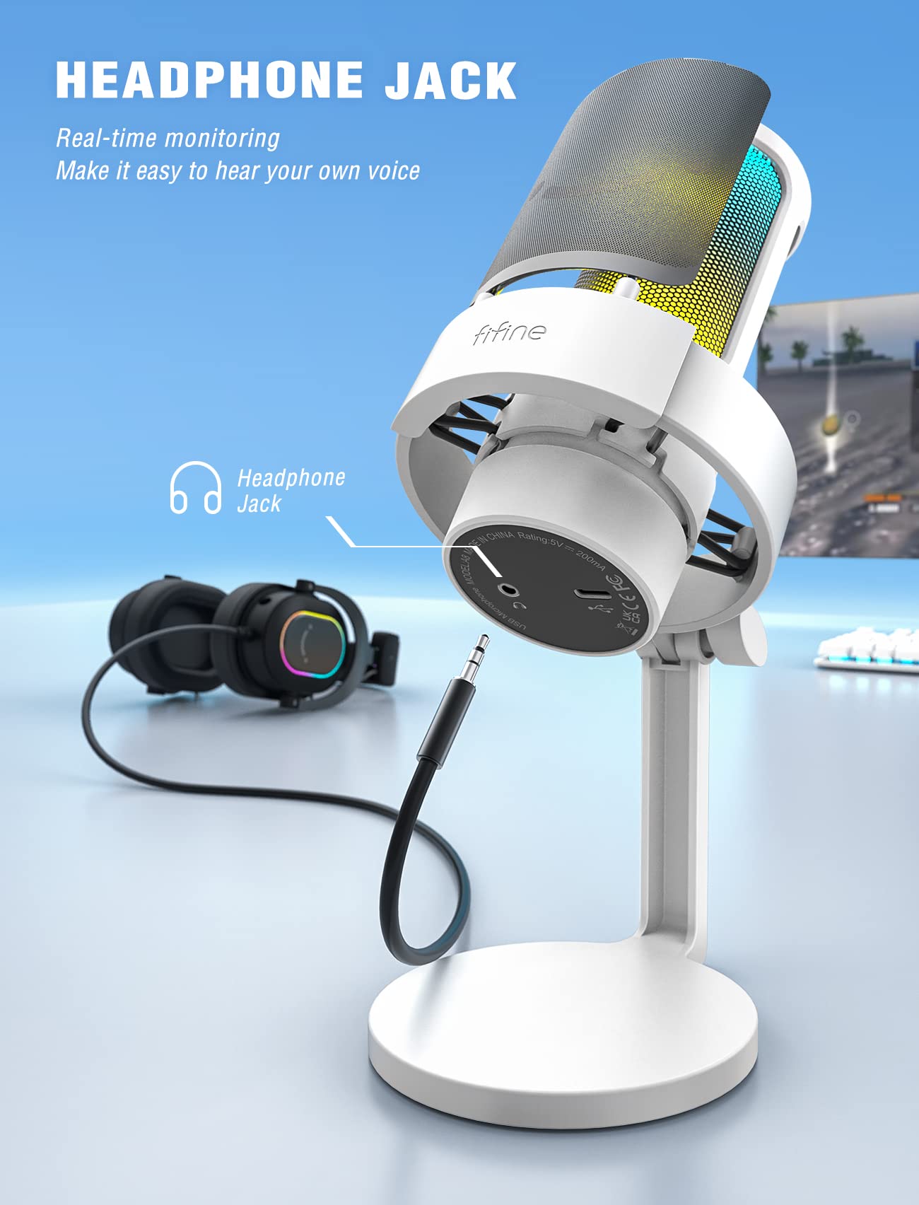 Fifine Gaming Usb Pc Computer Rgb Microphone For Live Streaming, Meeting, Podcasting, Video, Condenser Mic With Monitoring Headp